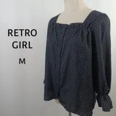 RETRO GIRL　長袖　ドット柄ブラウス　M　ブラック　フリル袖