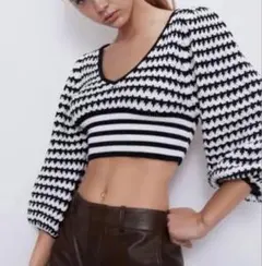 ZARA クロップド丈 ニット 長袖 ボーダー S