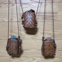 竹編み 巾着ポーチ 3個セット 和風 かごバッグ 小物入れ アンティーク