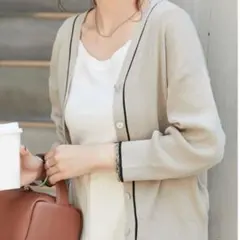 Discoat コットンバンブー配色七分袖カーディガン 春 夏