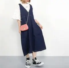 merlot メルロー デニム ジャンパースカート サイドポケット Vネック