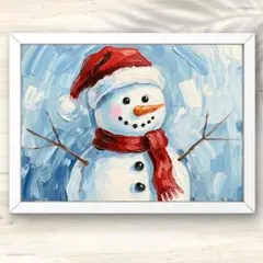 A4 サンタ帽と笑顔の雪だるまが迎える冬の微笑みアート インテリアポスター 油絵