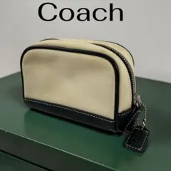 COACH コーチ ベージュ ブラック ポーチ　キャンパス/レザー　ユニセックス