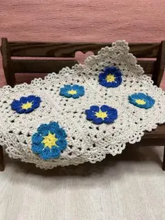 ハンドメイド 手編みマルチカバー ターコイズブルー モチーフ編み