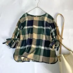 美品 ブルーレーベルクレストブリッジ 袖口おリボン付きチェック柄ブラウス 38