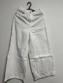 ホワイト ハイウエスト ワイドレッグ デニムパンツ　B1