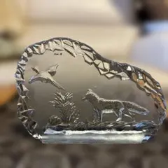 クリスタル彫刻 ガラスアート キツネと鳥