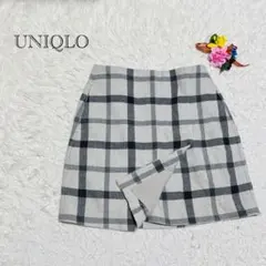 ユニクロ　ラップスカート　チェック柄　台形　裏地付き　グレー　ウール混　オフィス