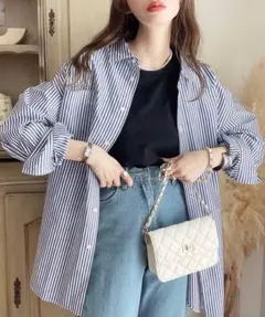 moment+ 先染めストライプビッグシルエット長袖シャツ