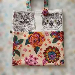 猫柄 花柄 ハンドメイド トートバッグ ナタリーレテ生地　他　手提げ　A4