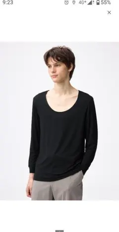 GU ジーユー スタイルヒートワイドネックT 9分袖 M　BLACK