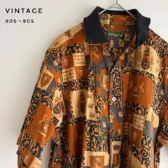 vintage 80s 90s 総柄 シャツ 襟切り替え 紋章 エンブレム　古着のサムネイル