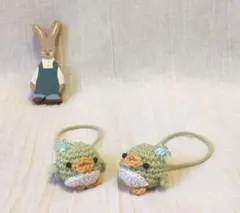 ハンドメイド 編みぐるみ ペンギン ヘアゴム グリーン 2本セット