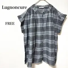 ルノンキュール　グレー系　チュニック　ローンチェックギャザーブラウス　M