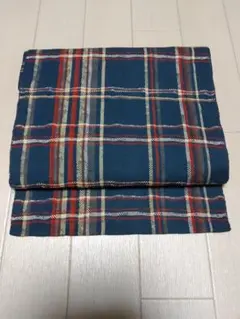 名古屋帯　八寸　チェック　ブルーグリーン