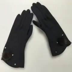 【美品】ファー付きビジュー装飾黒グローブ