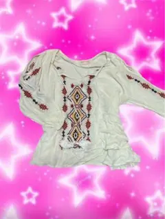 森ガール　フェアリーグランジ　刺繍入りホワイト チュニック　エスニック柄