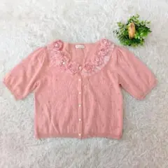 axes femme 半袖カーディガン くすみピンク 花襟ビジュー M