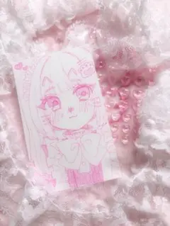 トレカ風イラスト♡手描き♡ピンク×リボンのかわいい女の子♡量産型♡萌え絵