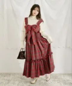 リボンビスチェ チェックジャンパースカート チェックベレー帽 セット 赤 レッド