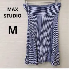 ストライプ柄 フレアスカート 膝丈 ブルー ホワイト 青 白 爽やか 清楚 M