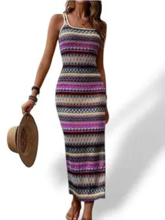 マルチカラー ノースリーブニットワンピース 多色幾何学模様