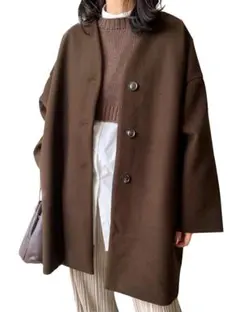 ノーカラーミドルコート チェスターコート ジャケット アウター ブラウン M