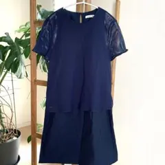 LACOSTE メッシュパネル コットンドレス／半袖ワンピース／ネイビー