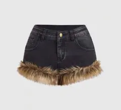 ファー付きデニムショートパンツ