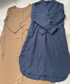ネイビー シャツワンピース ブラウン カットソーワンピース　2枚セット