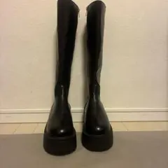 厚底レザースリムロングブーツ