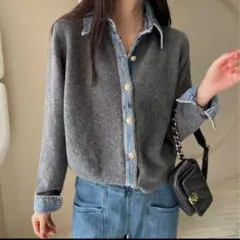 グレー ニット デニム襟 カーディガン　ボタンニット　大人　長袖　冬　カジュアル