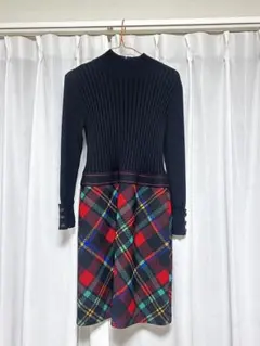 銀座マギー　リブ編みチェックワンピース