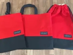 ハンドメイド　入園　入学　3点セット　レッド　ブラック　レッスンバッグ他
