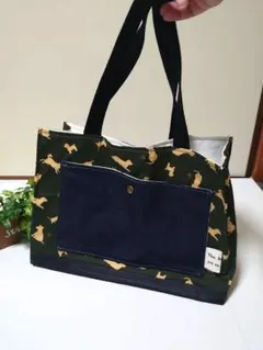 ハンドメイド いぬ柄とデニム生地紙袋風トートバッグ