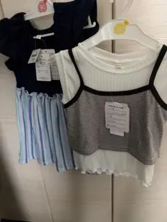 新品 キャミソール付きリブTシャツ100とボーダー柄ワンピース90