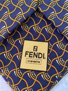 【訳あり特価】FENDI ネクタイ ズッカ柄 チェーン ネイビー 金 高級シルク