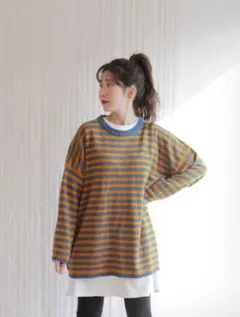 【未使用】DHOLIC◆配色ボーダーラウンドネックニット