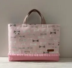 リボン柄 レッスンバック 前後レース付き 裏生地ポケット付きハンドメイド