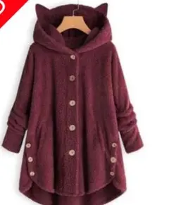 【2020　人気 　猫耳フード付　パーカー 　ワインレッド】