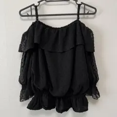 ドット柄オフショルダーブラウス ブラック