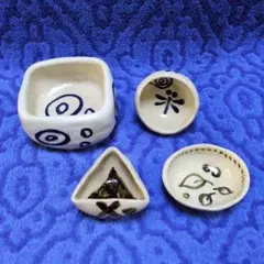 ✳陶芸・自作 ４点「角鉢」「小器 丸形」「小器 三角」「小器 楕円」手びねり✳
