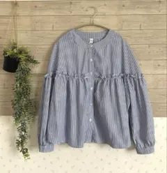 残りわずか】ストライプ シャツゆったり チュニック 長袖 青 体型 