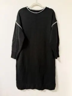 商品番号⑰ ブラック 長袖ニットワンピース グレーアクセント Fサイズ