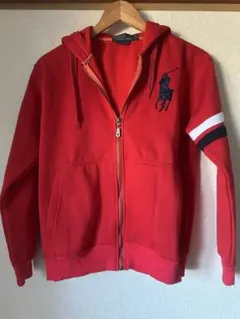 ポロシャツロゴ刺繍 赤ジップアップパーカー　M 美品