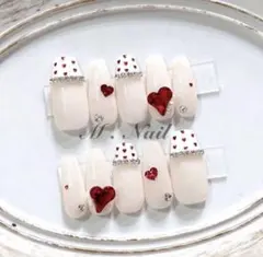 ネイルチップ フレンチガーリー リボン 赤 ハートホロネイル 量産型 韓国