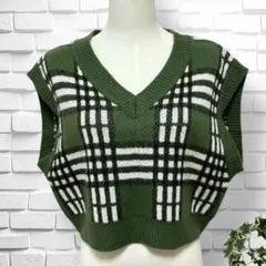 【エムズエキサイト】ニットベスト　チェック柄　ショート丈　重ね着　トップス　Fのサムネイル