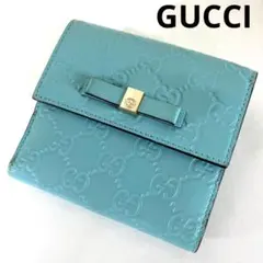 GUCCI GG柄グッチシマ 二つ折り財布☆リボン　インターロッキング　ブルー