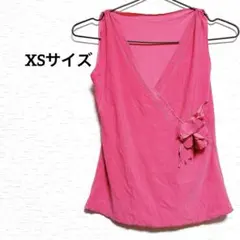 【XS】 ピンク Vネック ノースリーブ トップス 花付 タイト シャツ 古着