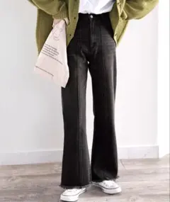 ClassicalElf 美脚デニム裾フリンジセミフレアデニムパンツ ブラックM